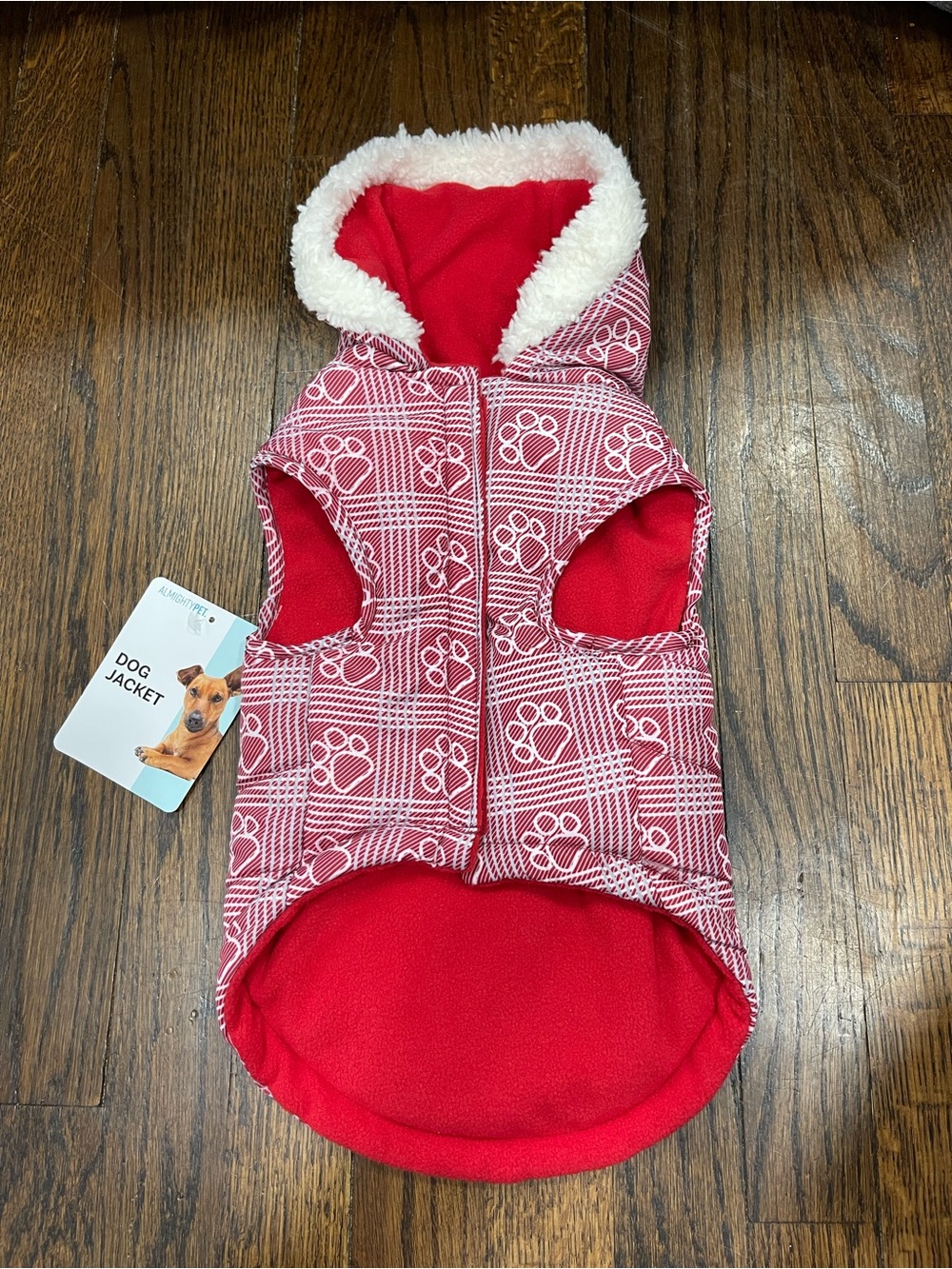 Almighty pet Red Paw-Print Fleece Lined Dog Jacket with Hood